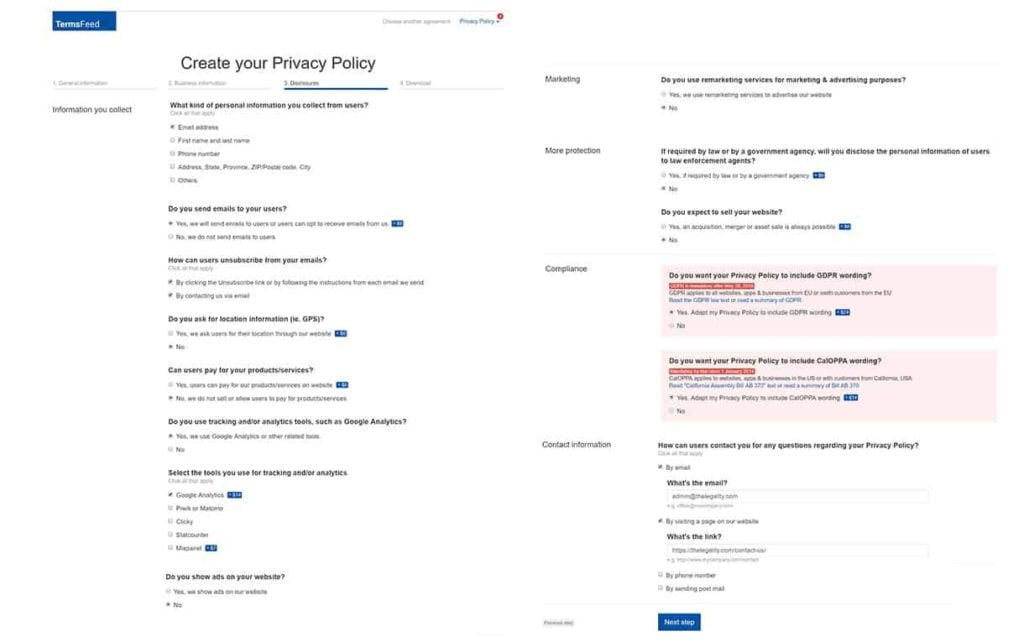 TermsFeed Privacy Policy Generation